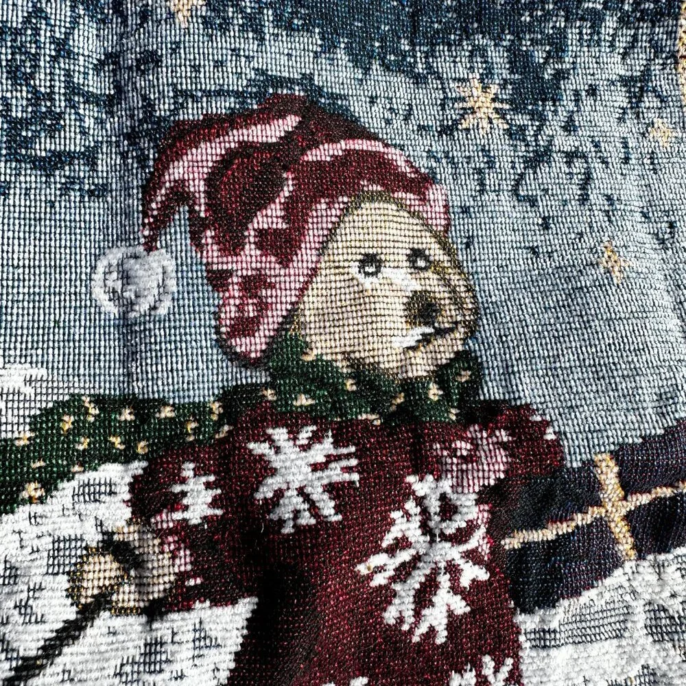 Set of 2 Vintage Christmas Teddy Bear Tapestry Square Pillow Covers Holidays